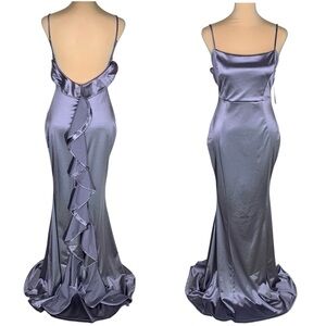 Ruffled Low Back Mermaid Satin Formal Gown S Slate Prom Evening Dress NWT